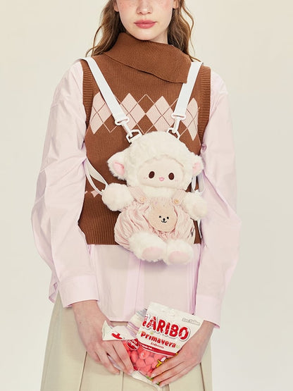 White&Pink Cute Plush Lamb Backpack + Overall Pants Middle/Large Size