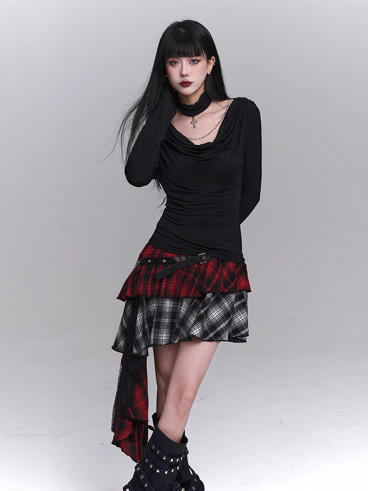 Red & Black Mesh Patchwork Asymmetrical Plaid Skirt with PU Buckle Belt