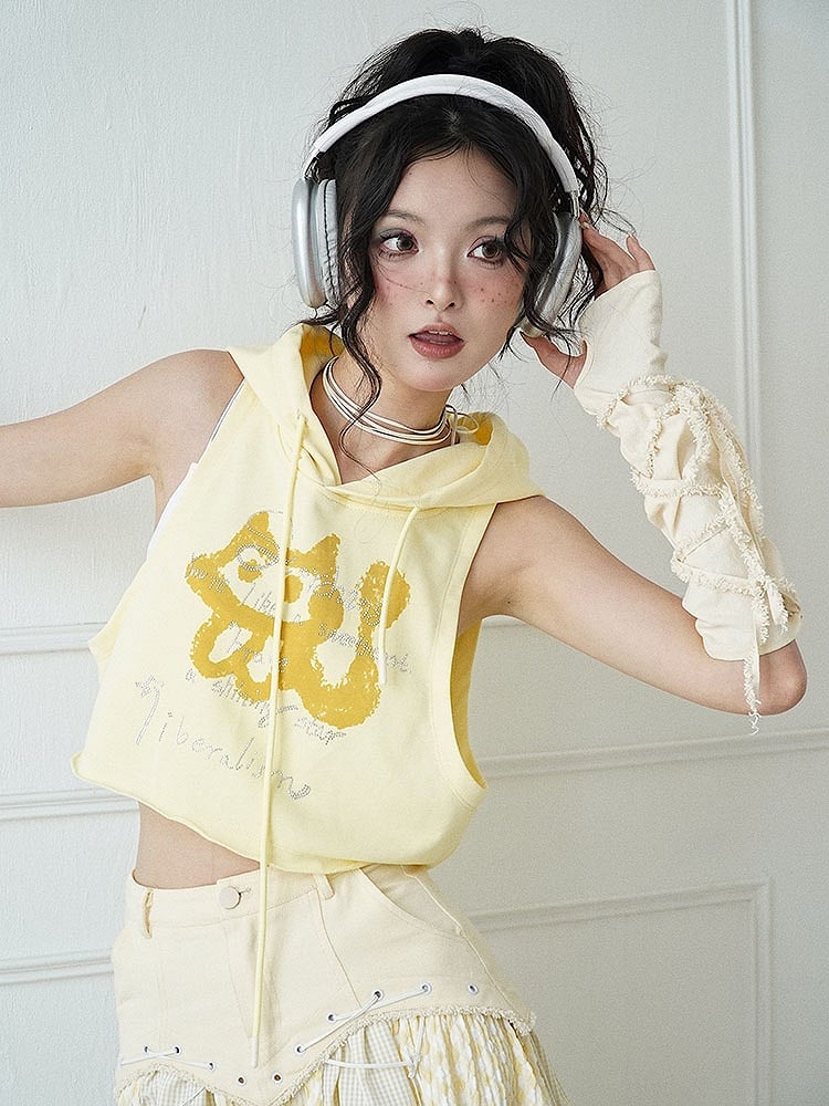 Light Yellow Kitty Print Hooded Top + White Cami Top Set