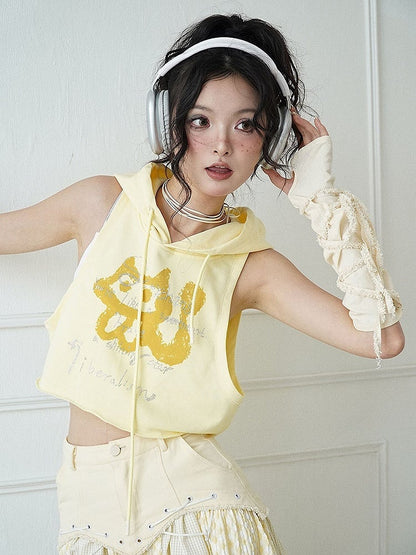 Light Yellow Kitty Print Hooded Top + White Cami Top Set