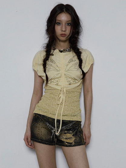 Floral Design Light Yellow Butterfly Jacquard Top