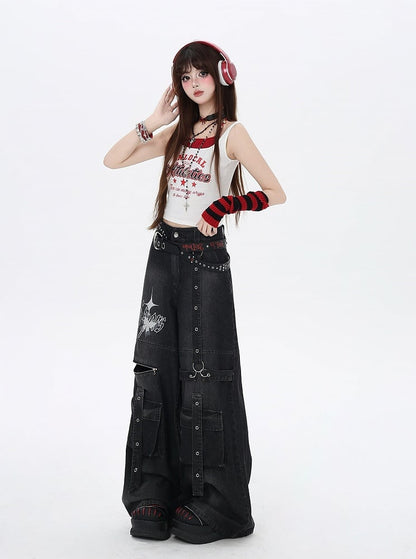 Black Butterfly Print Strap Details Vintage Wide-Leg Cargo Jeans