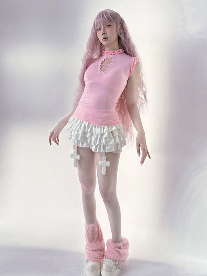 Light Pink Mock Neck Coffin-Shaped Cutout  Pastel Goth Sleeveless Top