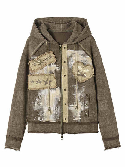 Sweetheart Applique Brown Gothic Punk Distressed Zip Hoodie with Studs