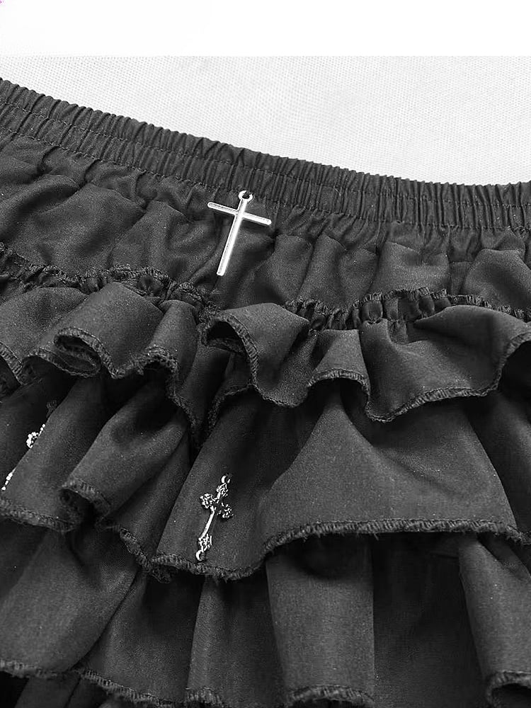 Gothic Black Y2K High Waist Cross Thigh length Glamorous Lined Tiered Skort
