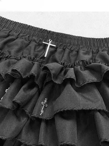 Gothic Black Y2K High Waist Cross Thigh length Glamorous Lined Tiered Skort