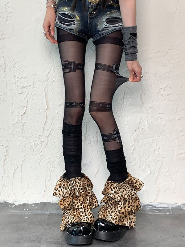 Black Punk Buckle Print Tights＋Leopard Print Leg Warmers Set
