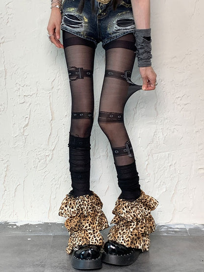 Black Punk Buckle Print Tights＋Leopard Print Leg Warmers Set