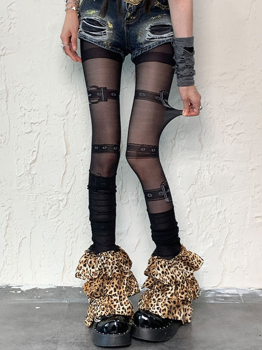 Black Punk Buckle Print Tights＋Leopard Print Leg Warmers Set