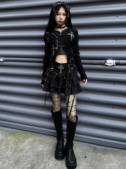 Gothic Punk Black Cross Applique Stud Accents Lace-up Detail Skirt