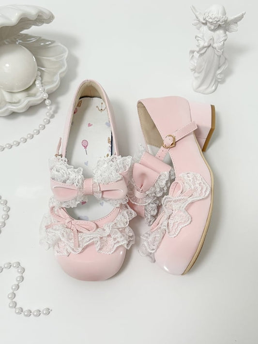 Pink Bowknot Details Lace Trim Round Toe Lolita Shoes
