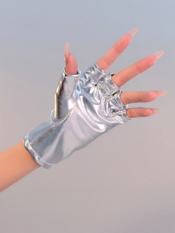 Silver/Black Cyberpunk Futuristic Half Finger Gloves