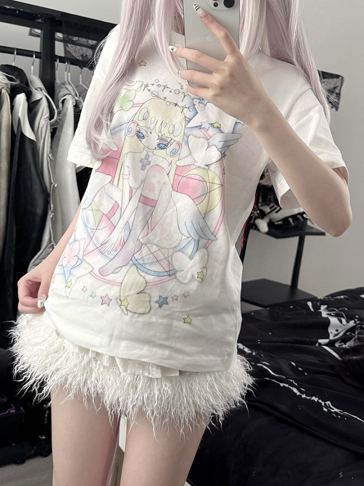 Anime Girl Print White Round Neck Loose Cotton T-shirt