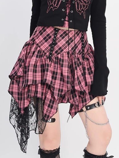 Pink and Black Plaid High Waist Handkerchief Hem Tiered Skirt