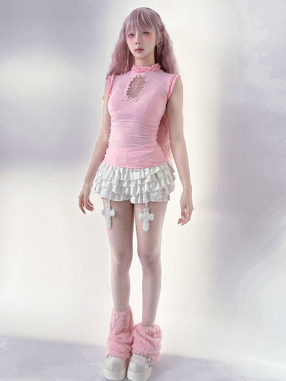 White Elastic Waist Tiered Ruffles Metal Cross Embellished Skort with Cross Charms