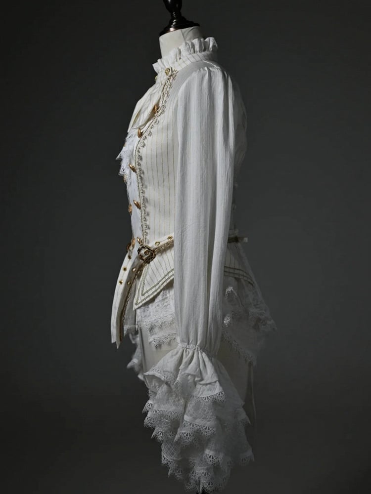White Jabot Ruffle Neckline Cadcading Ruffle Cuffs Long Sleeves Ouji Lolita Top