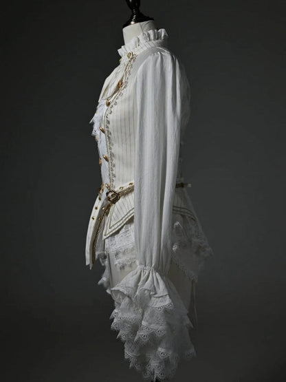 White Jabot Ruffle Neckline Cadcading Ruffle Cuffs Long Sleeves Ouji Lolita Top