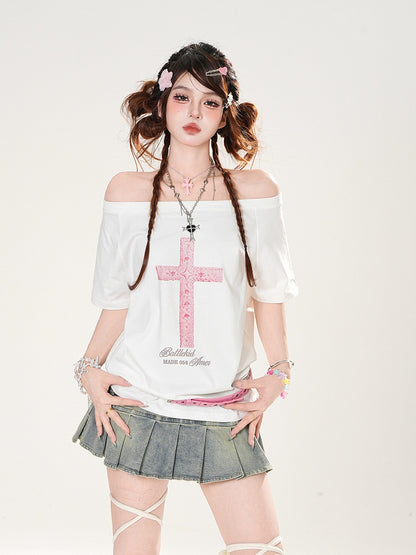 Off-the-shoulder Neckline Cross Print Black/White Loose T-shirt