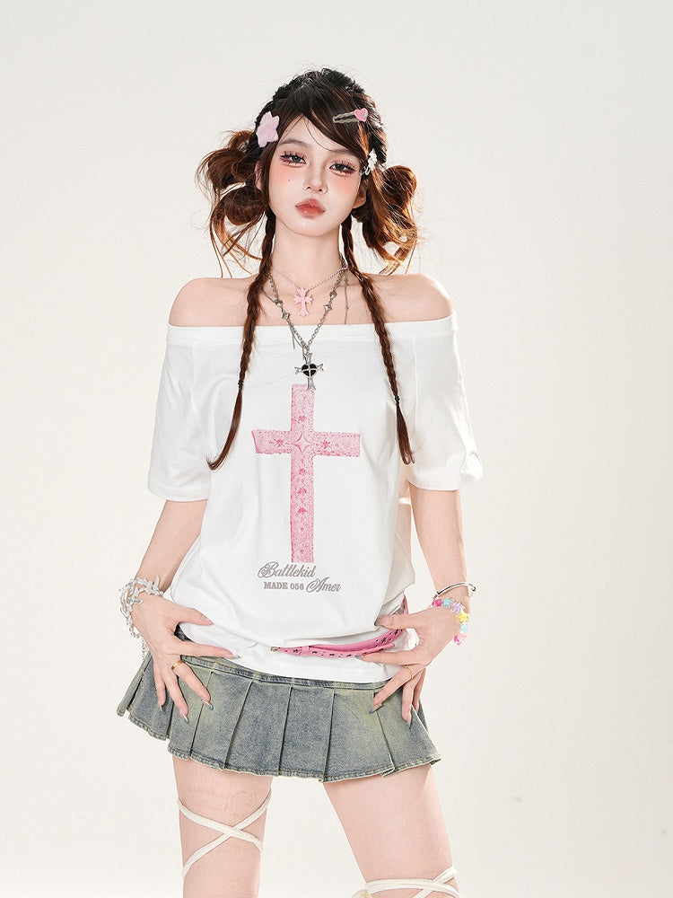 Off-the-shoulder Neckline Cross Print Black/White Loose T-shirt