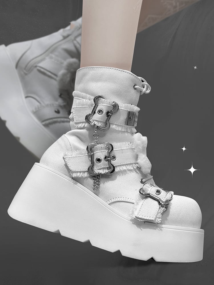 Buckle Straps Plush Bone Decorated Denim White Punk Platform Boots
