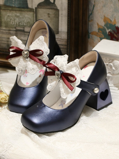 Heart-shaped Hollowed Heel Dark Blue Elegant Mary Janes with Lace Bowknot Clips