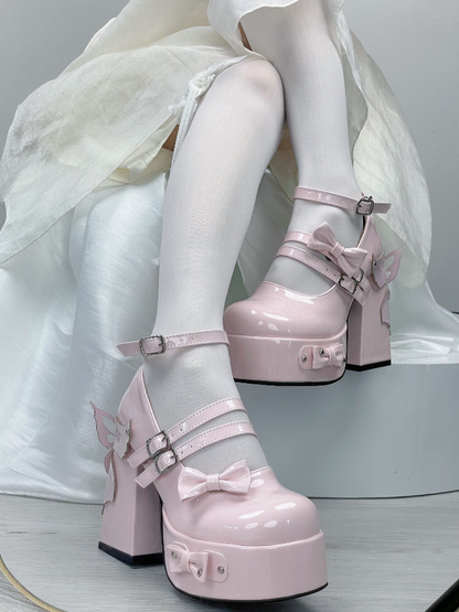 Pink Bowknot Stud Butterfly Design Platform High Block Heels Lolita Shoes