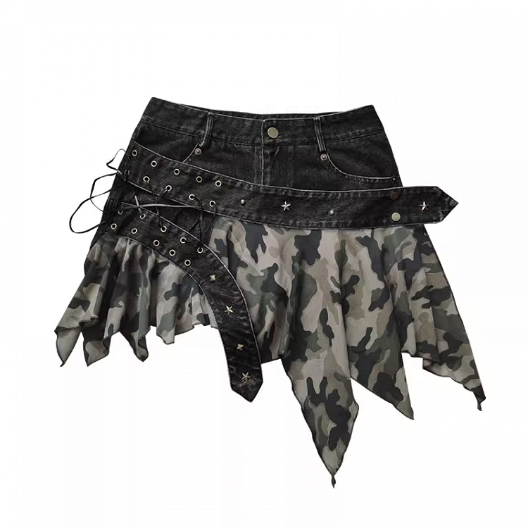 Camo Handkerchief Hem Low Waist Lace-up Detail Distressed Denim Skort