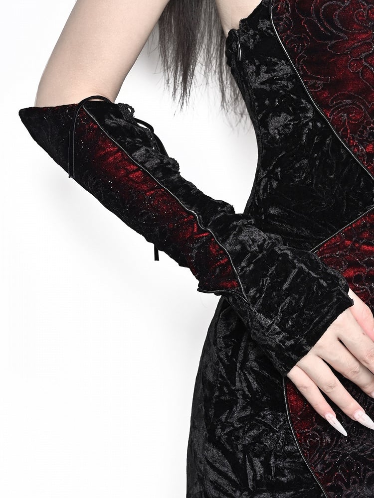Black&Red Gothic Lace-up Detail Rosette Velvet Sleeves