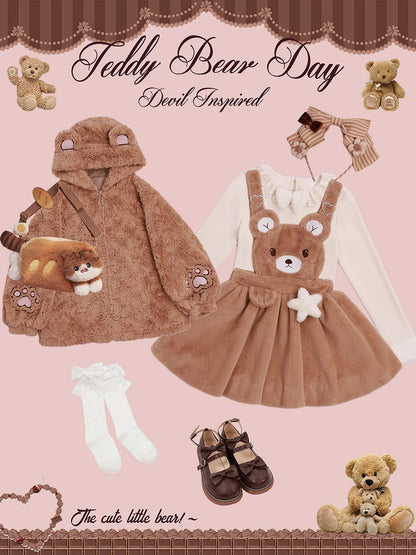 Brown Fluffy Teddy Bear Jacket with Ears Hood for Girls/Women