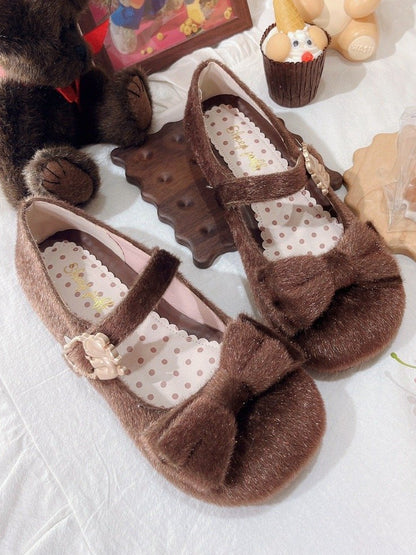 Brown Sweet Lolita Plush Shoes in Regular/Thicken Version - Delicate Bow Accents with Hugging Bear Heart Fasteners
