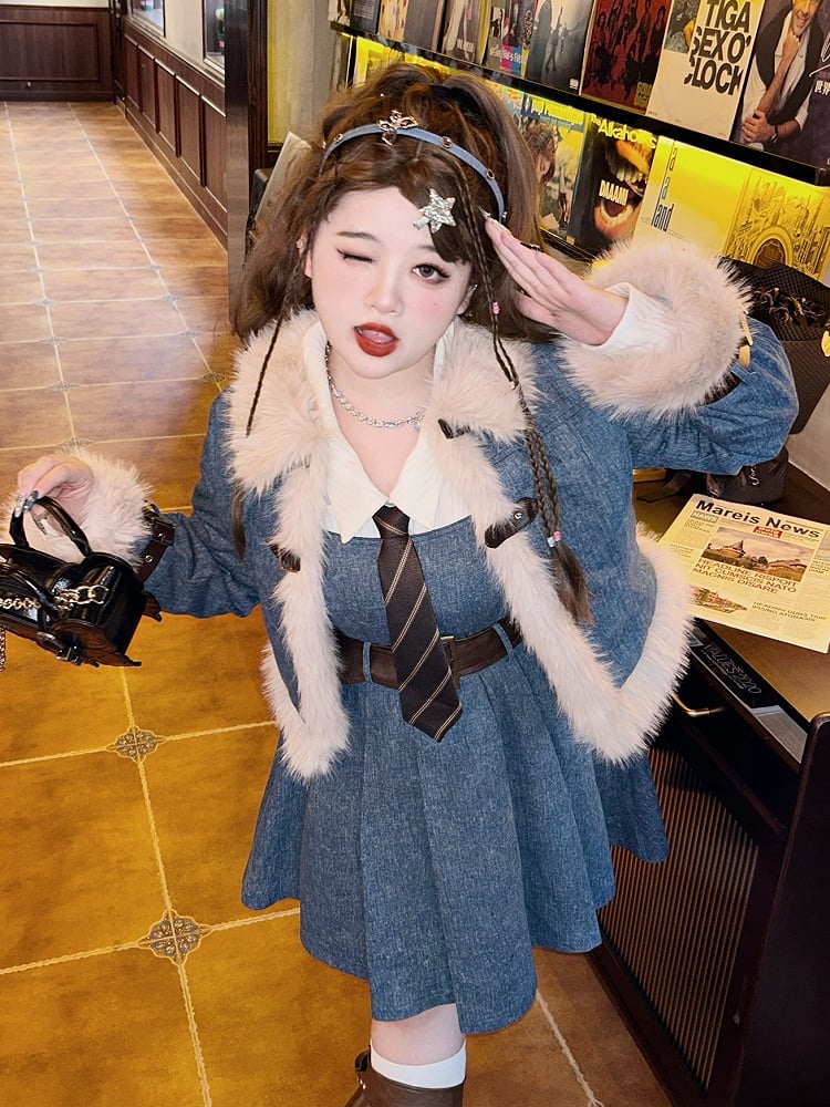 Plus Size White Shirt / Blue Denim Overalls Pleated Skirt