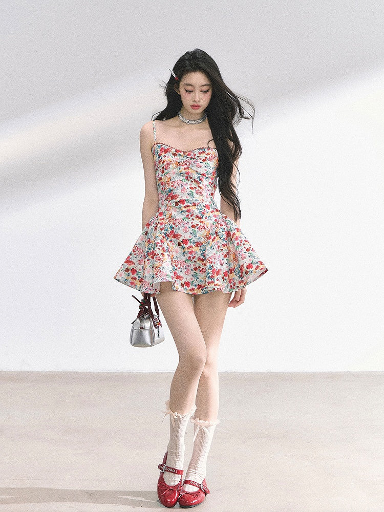 Allover Floral Print Sweetheart Neckline Red Holiday Mini Slip Dress