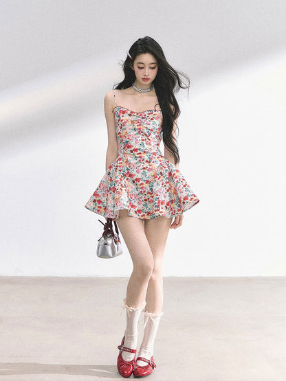 Allover Floral Print Sweetheart Neckline Red Holiday Mini Slip Dress