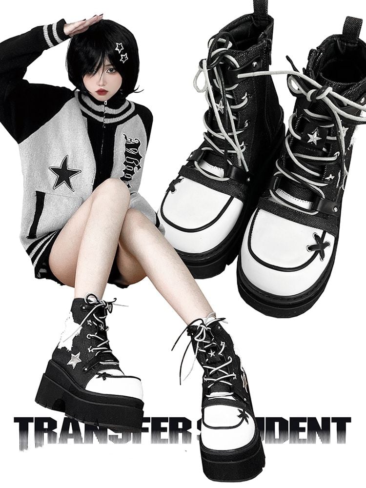 Star Appliques Punk Black Denim Platform Ankle Boots