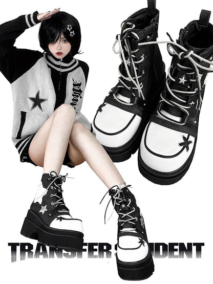 Star Appliques Punk Black Denim Platform Ankle Boots