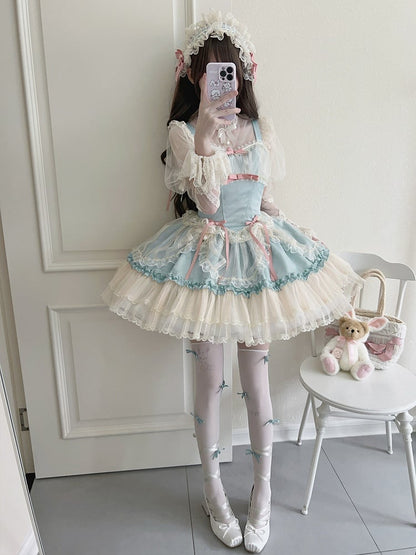 Green Balletcore Small Bows Fabric Short Dress Lolita Jumper Skirt