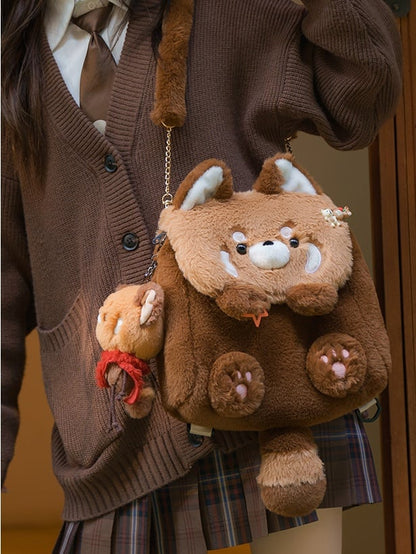 Brown Red Panda-shaped Plush Fold-over Flap Backpack Bag Middle/Large Size