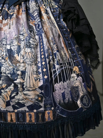 Dark Blue Corset Belt Waist Chess Theme Print Lolita Skirt