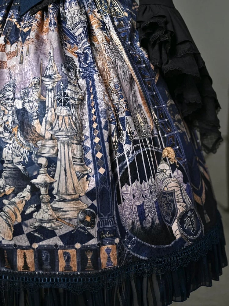 Dark Blue Corset Belt Waist Chess Theme Print Lolita Skirt