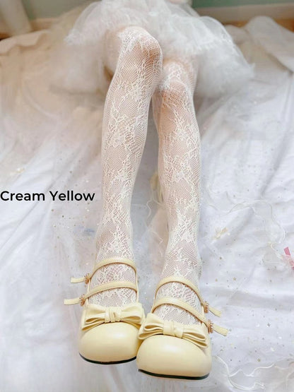 White/Creamy Yellow/Black Floral Fishnet Tights