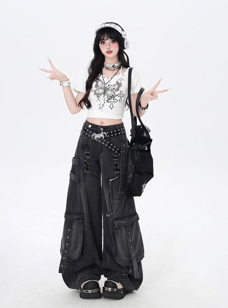 Black Low Rise Distressed Holes Wide-leg Cargo Jeans