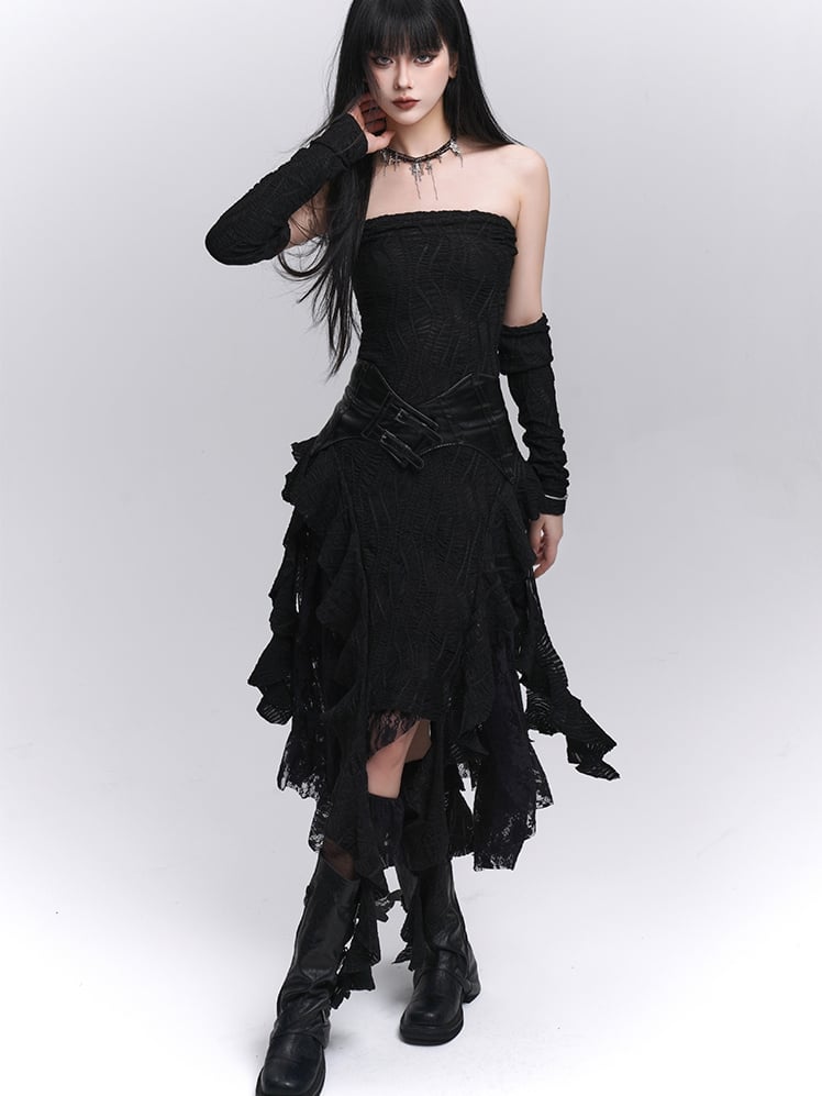 Black Asymmetrical Cascading Ruffles Strapless Dress with Free Armwears