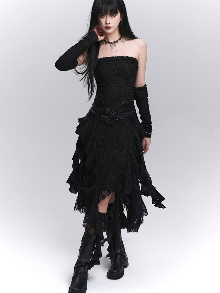 Black Asymmetrical Cascading Ruffles Strapless Dress with Free Armwears