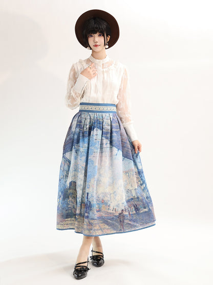 Gare Saint-Lazare Oil Painting Print Blue High Waist Skirt Short Version