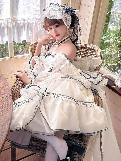 Plus Sizes White & Black Illusion Neckline Sweet Lolita Dress Short Version+Train+Head Veil+Detachable Sleeves Full Set