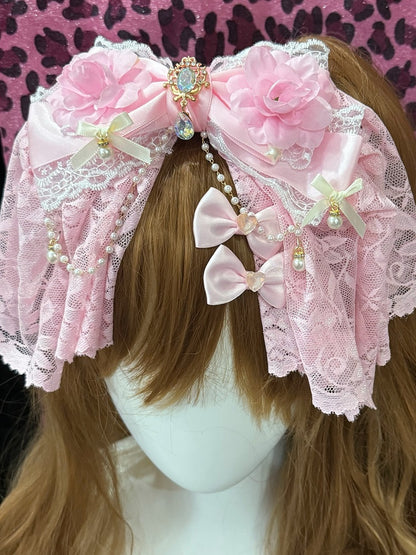 Pink Beaded Charm Floral Design Rhinestone Decorated Hairclip