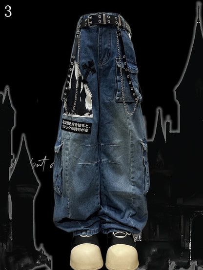 Blue Y2K Letter Applique Cargo Pockets Decorated Wide-leg Cut Jeans