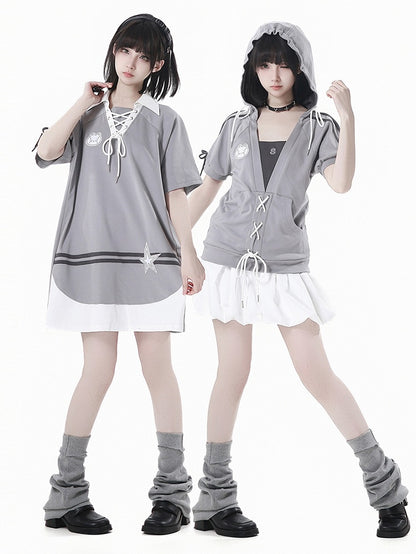 Gray Lace-up Neckline Bunny and Star Applique Loose Dress