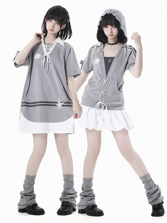 Gray Lace-up Neckline Bunny and Star Applique Loose Dress