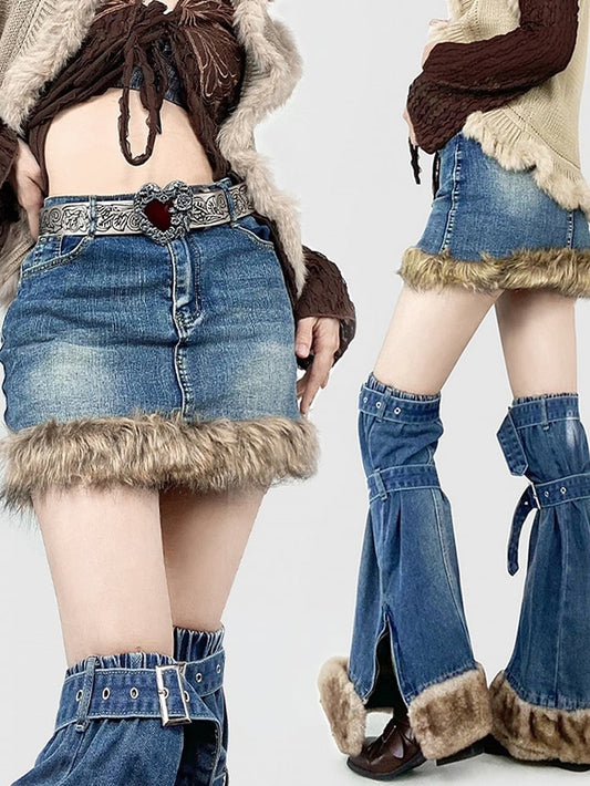 Gyaru Fashion Plush Hem Blue Denim Skirt + Buckle Straps Side Slit Leg Warmers